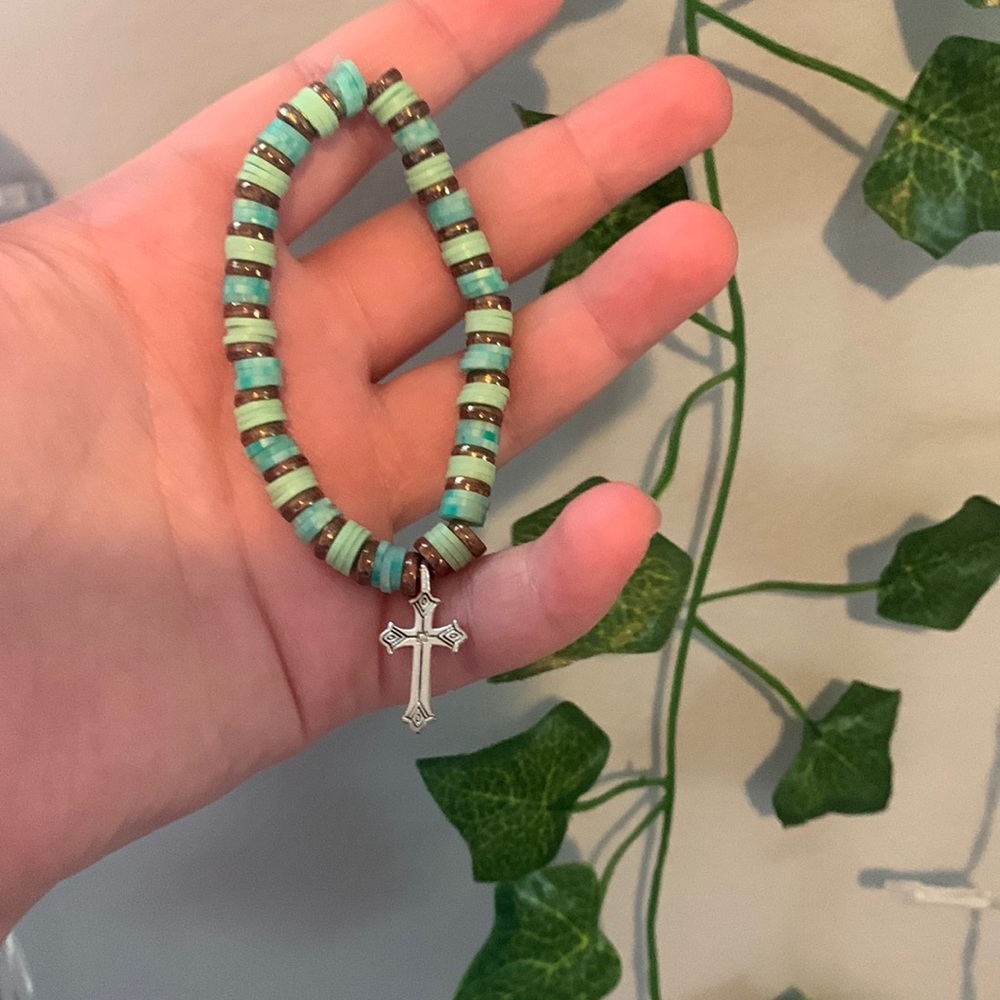 Teal and blue clay bead bracelet